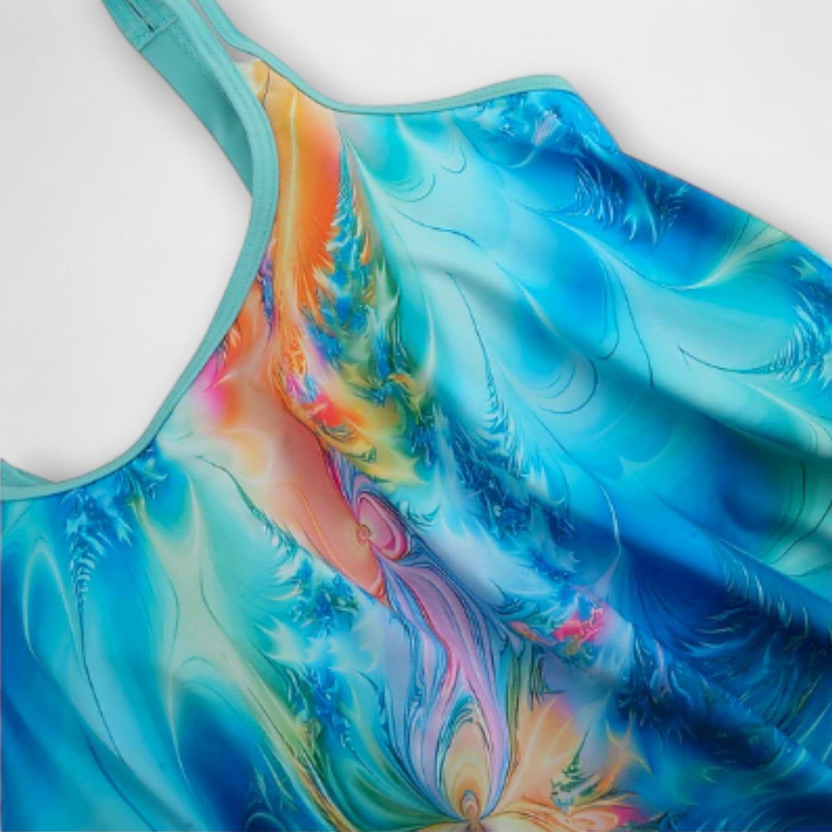 Haut de tankini bleu à motif multicolore, encolure ronde et bretelles fines