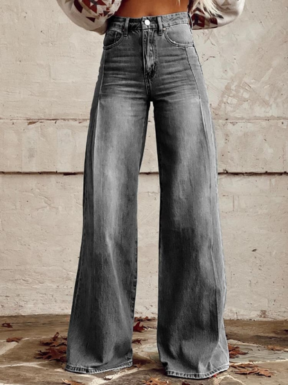 Pantalon large élégant Lucia en jean gris foncé, taille boutonnée, jambes évasées