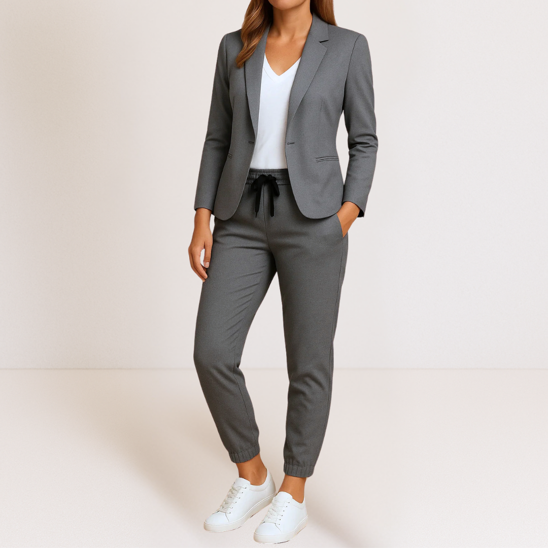 Ensemble veste blazer et pantalon de jogging gris, cordon à la taille et poches