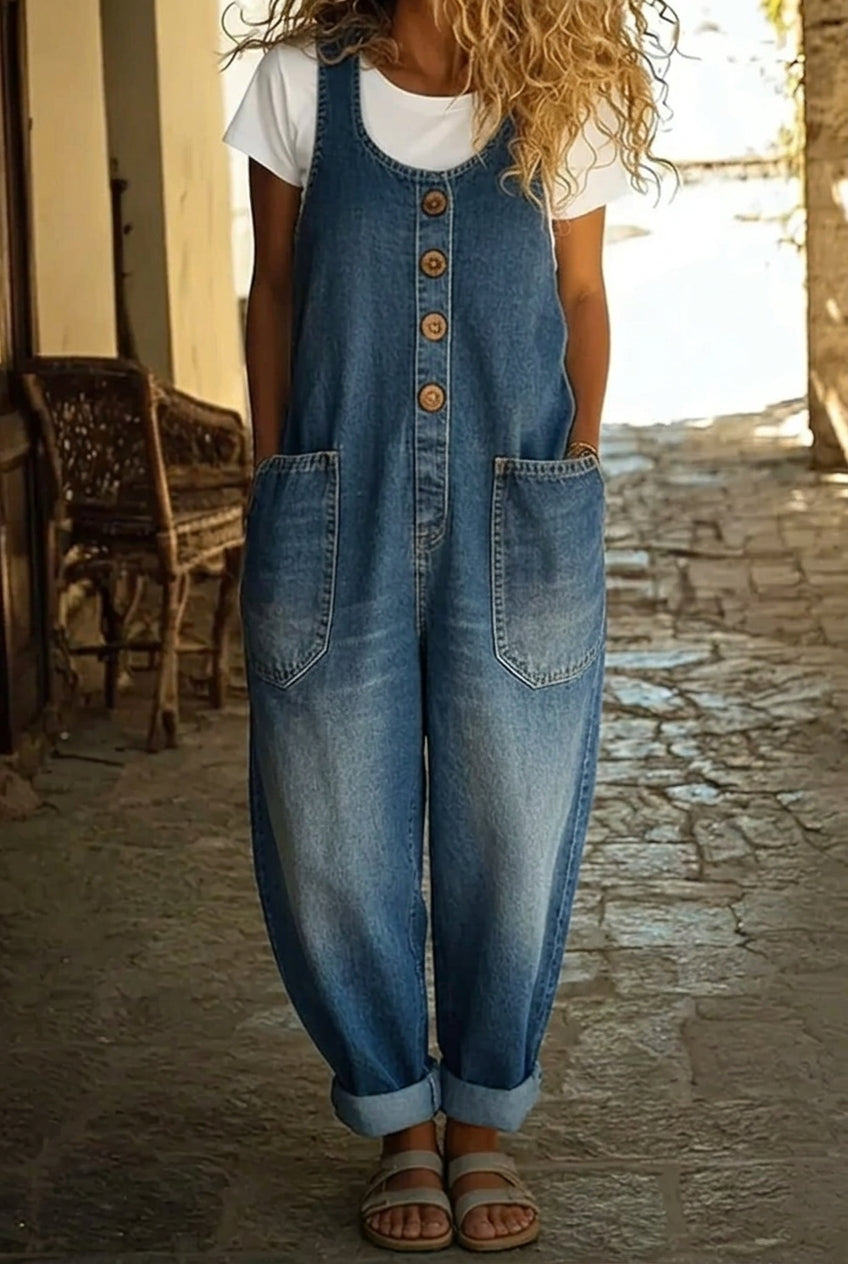 Combinaison en jean bleu sans manches, patte boutonnée, poches poitrine et latérales, jambes larges.