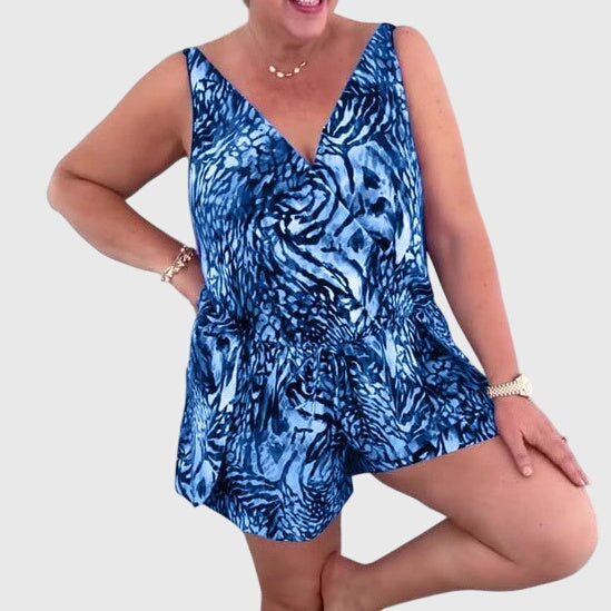 Robe de maillot de bain sans manches, décolleté V, motif bleu style zèbre