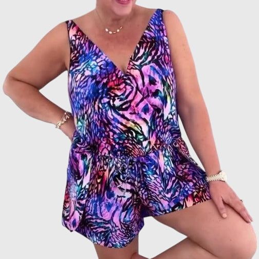 Robe de maillot de bain à bas volanté, motif violet multicolore, décolleté V