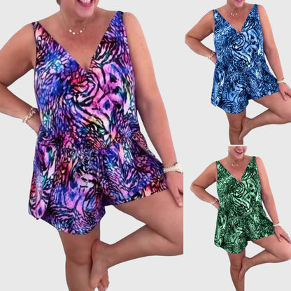 Robe de maillot de bain sans manches à décolleté V, motif abstrait violet et rose