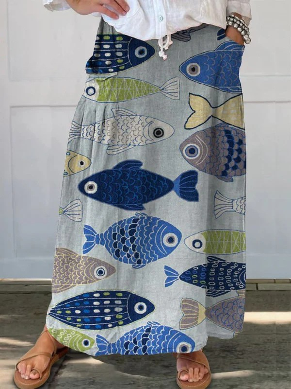 Jupe vintage à poches, imprimé poissons multicolores sur fond gris et bleu