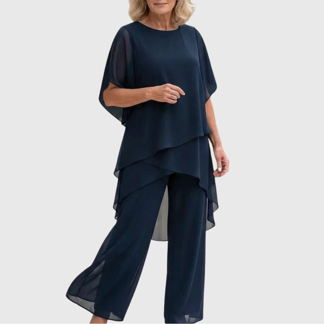 Ensemble palazzo bleu marine : haut drapé en voile léger et pantalon fluide large