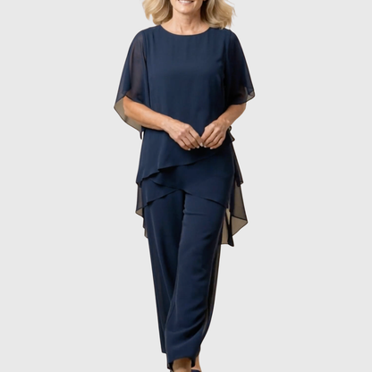 Ensemble palazzo bleu marine : haut ample superposé et pantalon fluide à jambe large