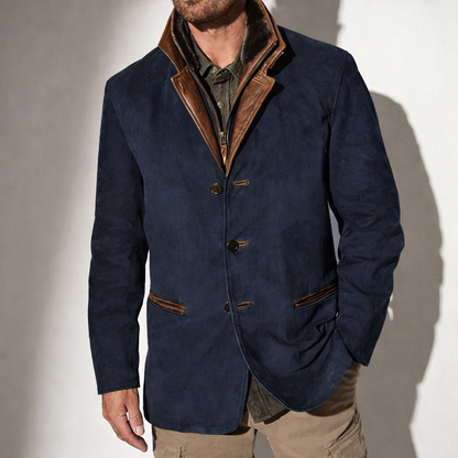 Veste homme suède bleu marine, finitions cuir marron, col montant et poches