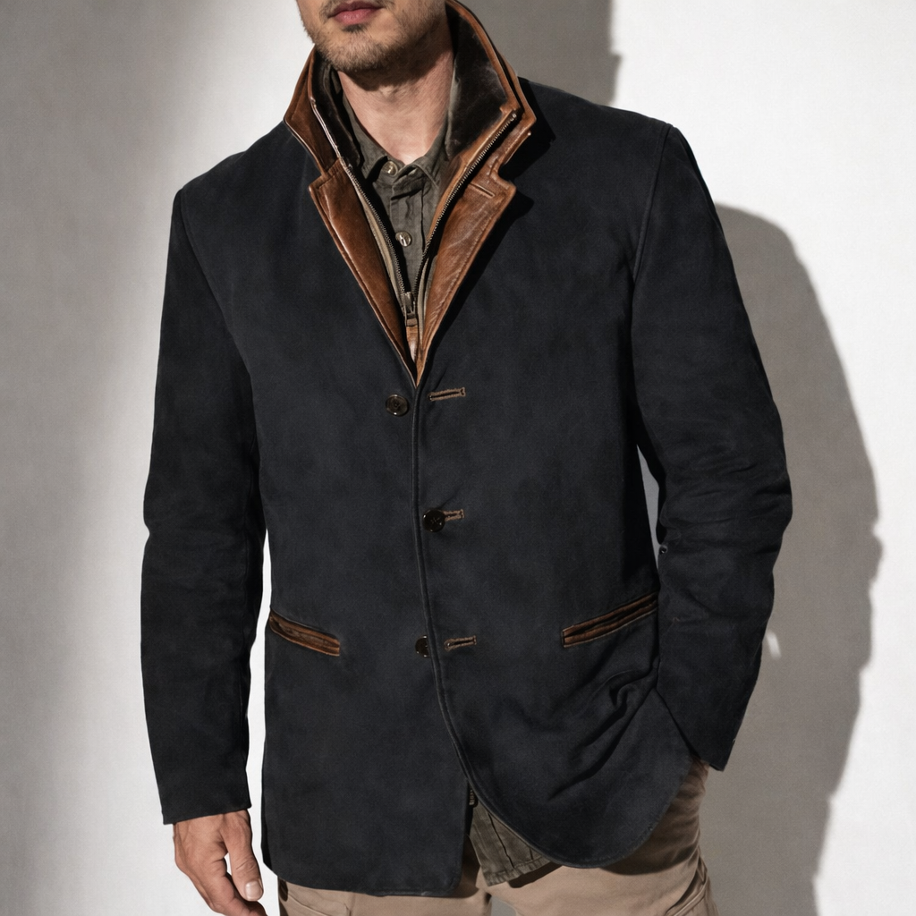 Veste homme suède noire, finitions cuir, col montant boutonné et poches