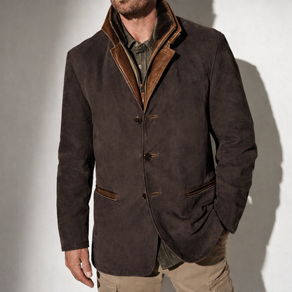 Veste homme suède marron, col montant en cuir, boutons et poches latérales
