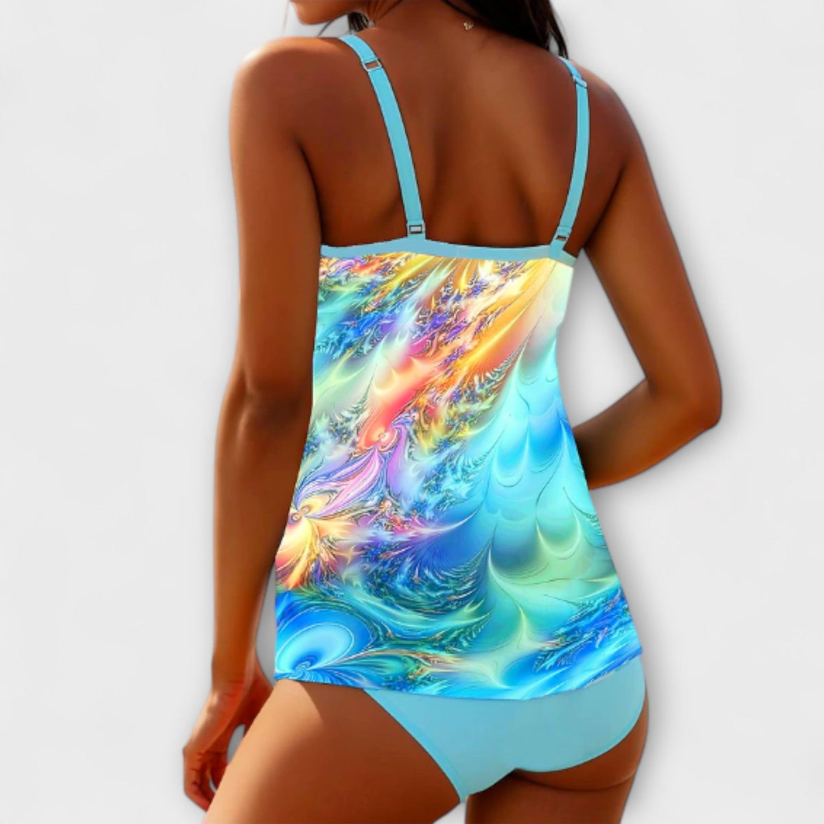 Ensemble tankini bleu à bretelles fines, haut sans manches et bas échancré taille mi-haute