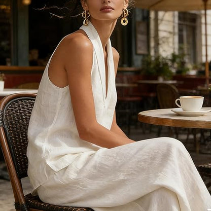 Ensemble deux pièces en lin texturé blanc : top sans manches col V et pantalon ample.