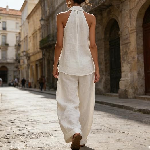 Ensemble en lin texturé blanc : haut dos nageur et pantalon ample.