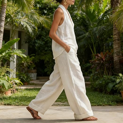 Ensemble lin texturé blanc : haut sans manches col V et pantalon long ample.