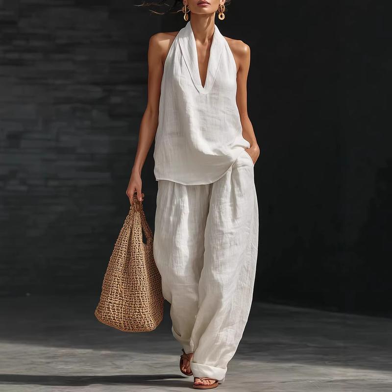 Ensemble deux pièces en lin texturé blanc : top sans manches col V et pantalon ample.