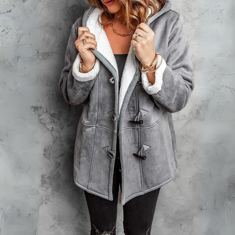 Manteau femme gris à capuche, doublure sherpa blanche, fermeture à boutons à tige.