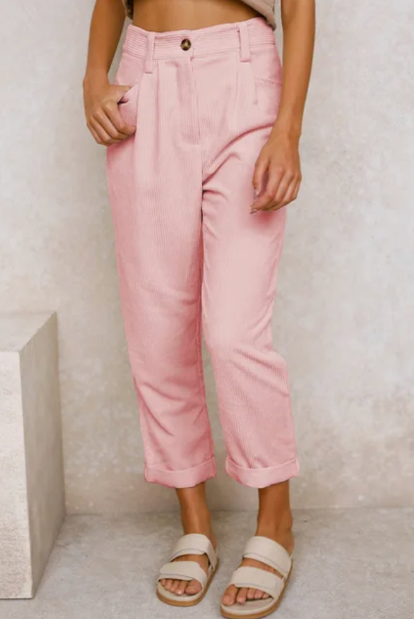 Pantalon casual en tissu côtelé rose pâle, taille haute boutonnée, poches et bas resserré