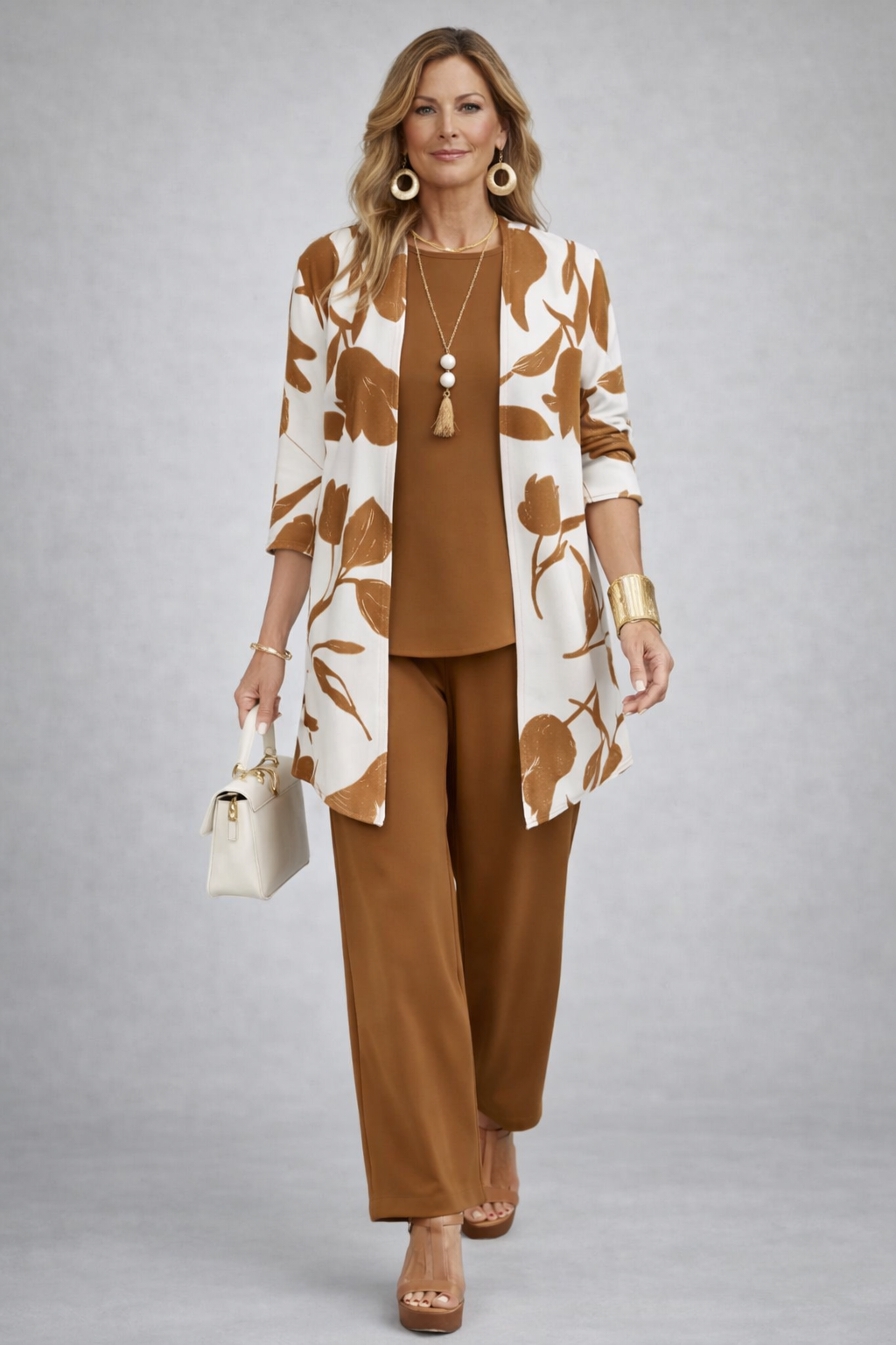 Ensemble 3 pièces brun : tunique blanche motifs feuillage, haut brun, pantalon