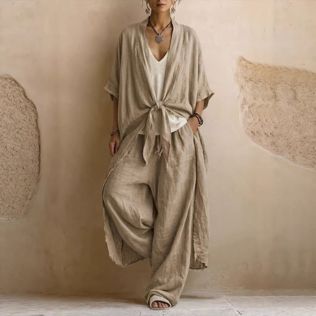 Ensemble kimono en lin beige clair noué à la taille, pantalon large fluide