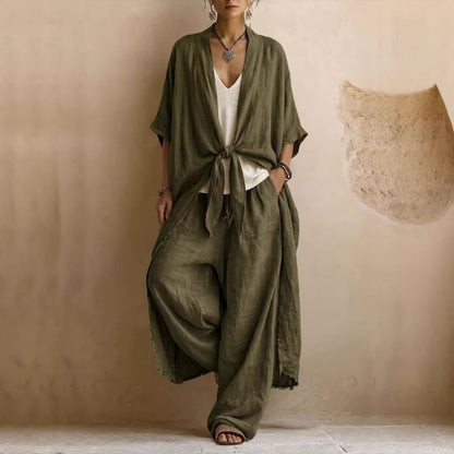 Ensemble kimono en lin vert olive noué, pantalon large ample