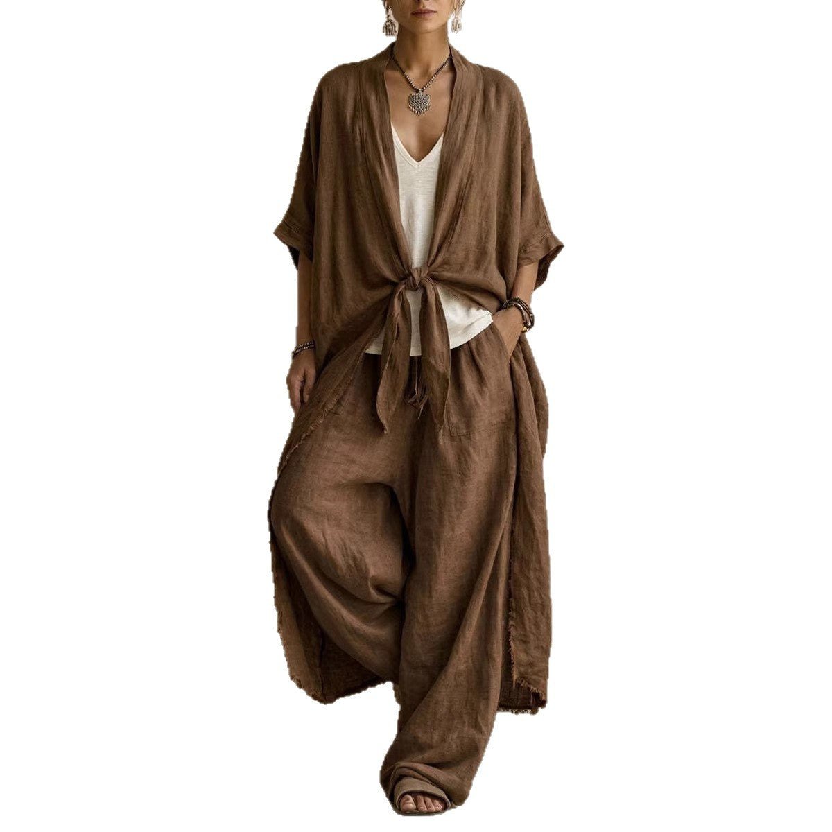 Ensemble kimono en lin marron noué, pantalon large ample