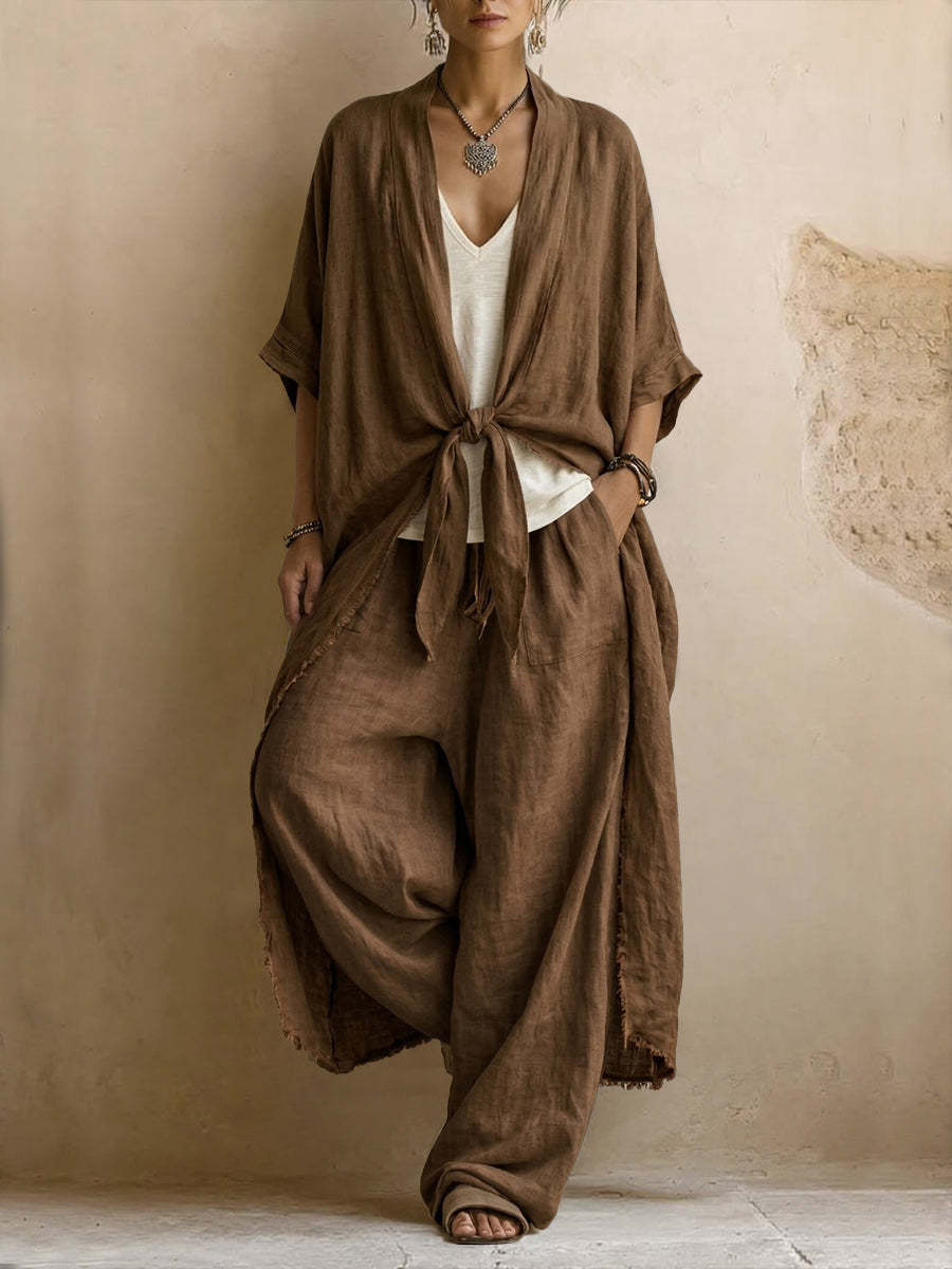 Ensemble kimono en lin marron noué à la taille, pantalon large à plis