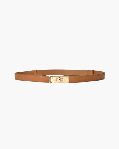 Ceinture fine vintage marron à boucle rectangulaire dorée.