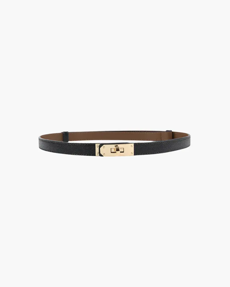 Ceinture fine vintage noire texturée, boucle rectangulaire dorée.