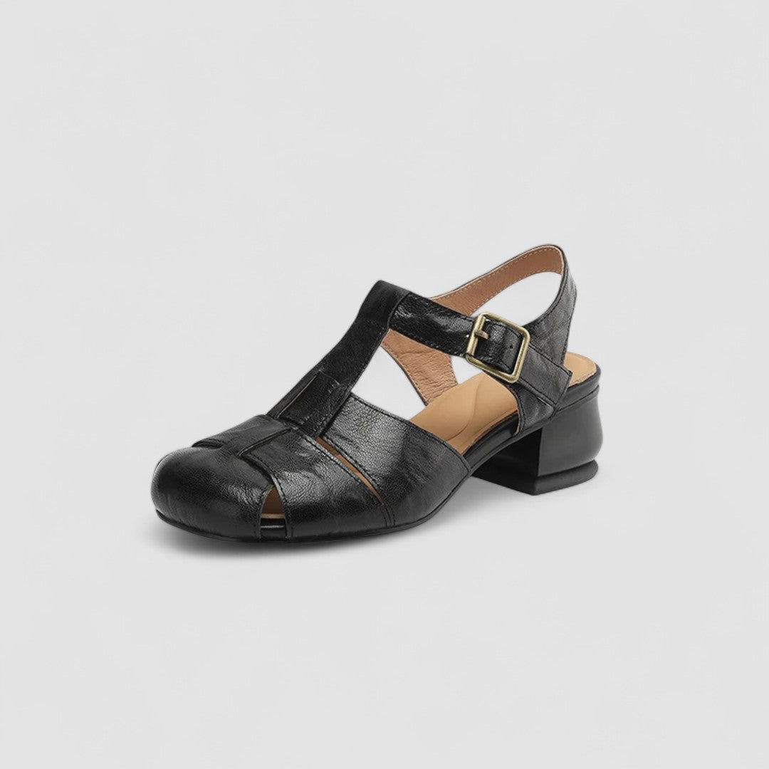Chaussures bébé noires style rétro, brides à boucle et talon carré bas