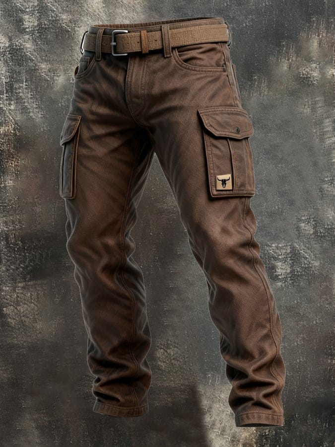 Pantalon cargo brun foncé avec ceinture, poches latérales et passants de boucle.