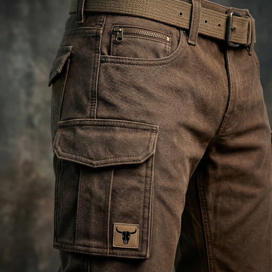 Pantalon cargo brun foncé : poche zippée et grande poche utilitaire sur la jambe.