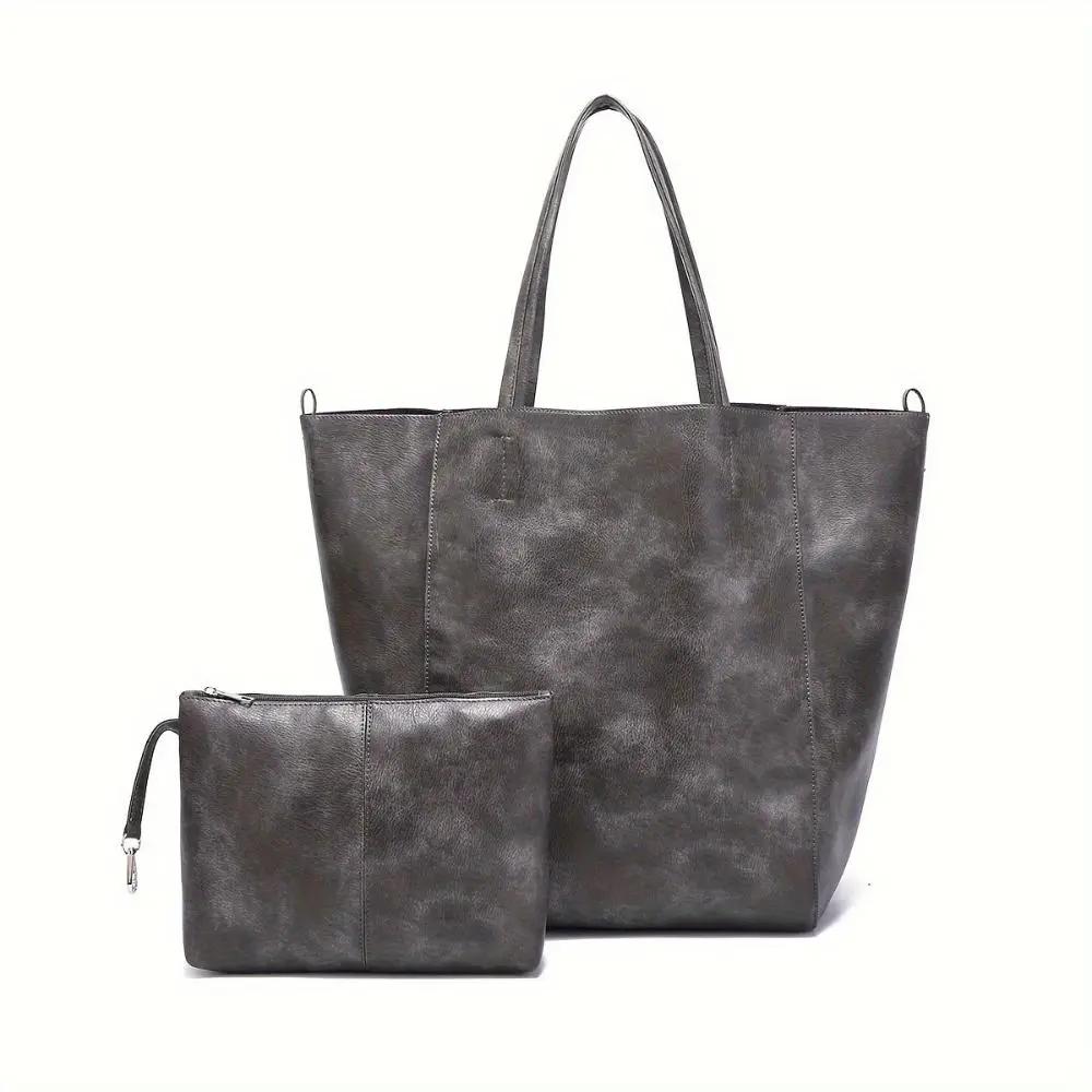 Grand sac cabas en cuir gris foncé avec petite pochette assortie et anses longues