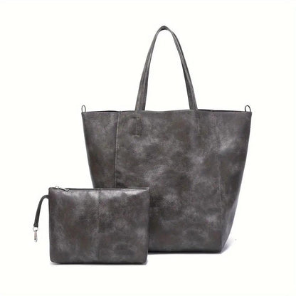Grand sac cabas en cuir gris foncé avec petite pochette assortie et anses longues