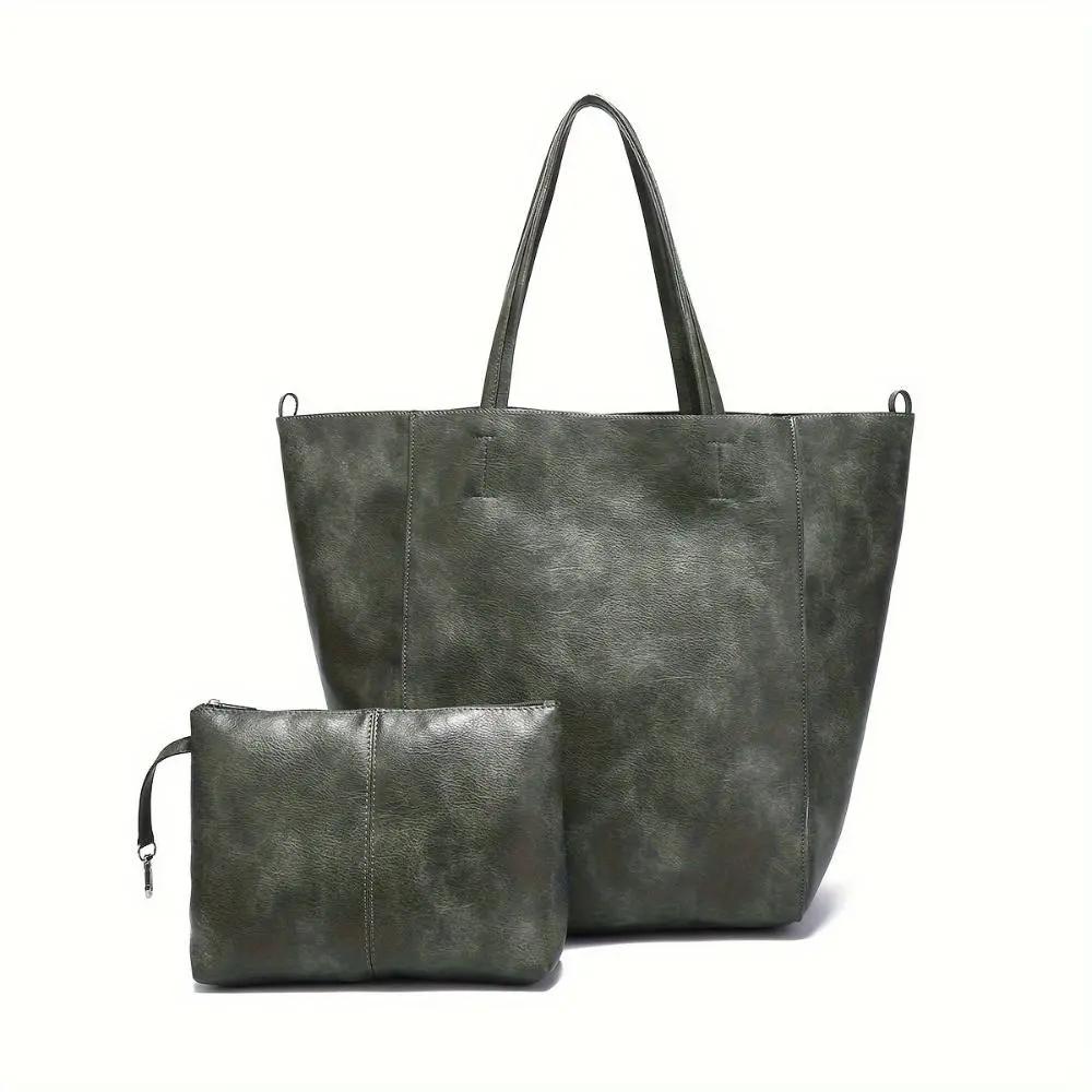 Grand sac cabas en cuir gris-vert foncé avec petite pochette assortie et anses longues