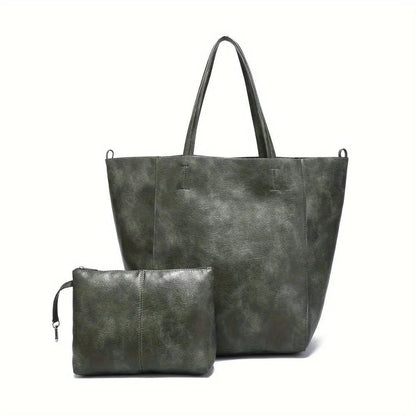 Grand sac cabas en cuir gris-vert foncé avec petite pochette assortie et anses longues