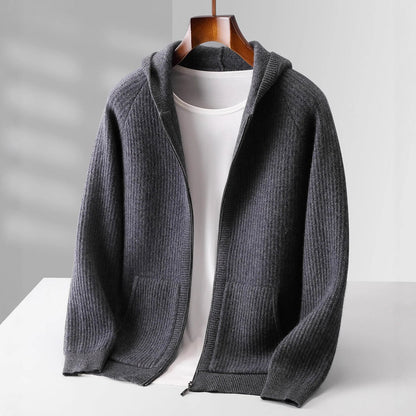 Sweat à capuche en cachemire gris foncé, zip intégral et poche kangourou.