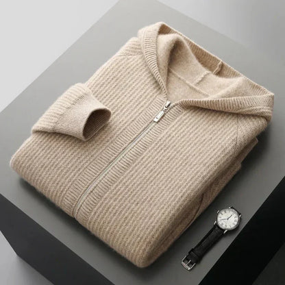 Sweat à capuche en cachemire beige clair, fermeture zippée, poches kangourou