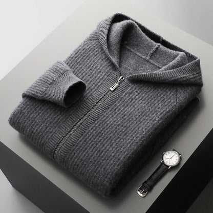 Sweat à capuche en cachemire gris moyen, fermeture zippée, poches kangourou