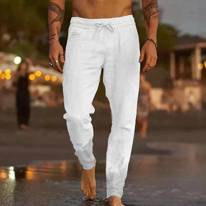 Pantalon en lin de plage blanc cassé, taille élastique avec cordon, coupe ajustée