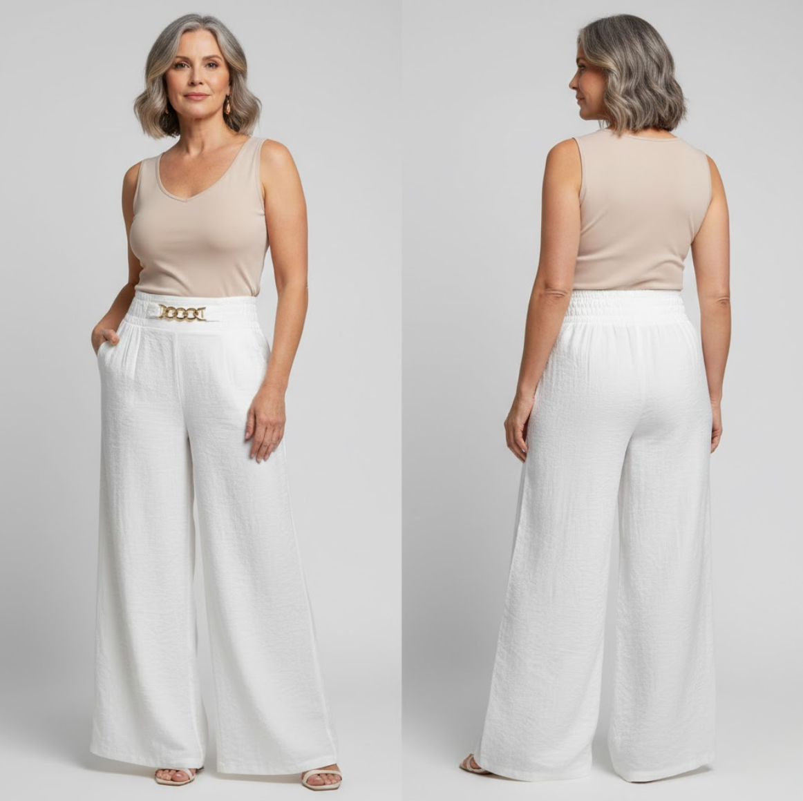 Pantalon Évelyne™ blanc taille haute à jambes larges, ceinture froncée