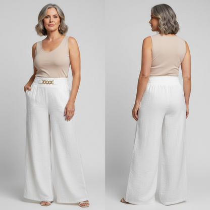 Pantalon Évelyne™ blanc taille haute à jambes larges, ceinture froncée