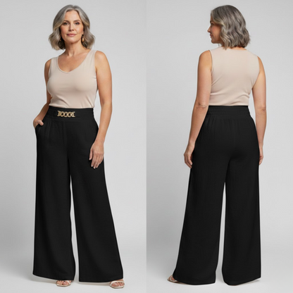 Pantalon Évelyne™ noir taille haute à jambes larges, ceinture froncée