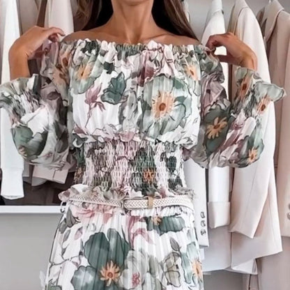 Ensemble blouse épaules nues et jupe mi-longue fleurie vert et rose, smocks taille