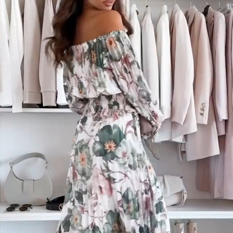 Robe mi-longue à fleurs multicolores, épaules dénudées et manches bouffantes, smocks