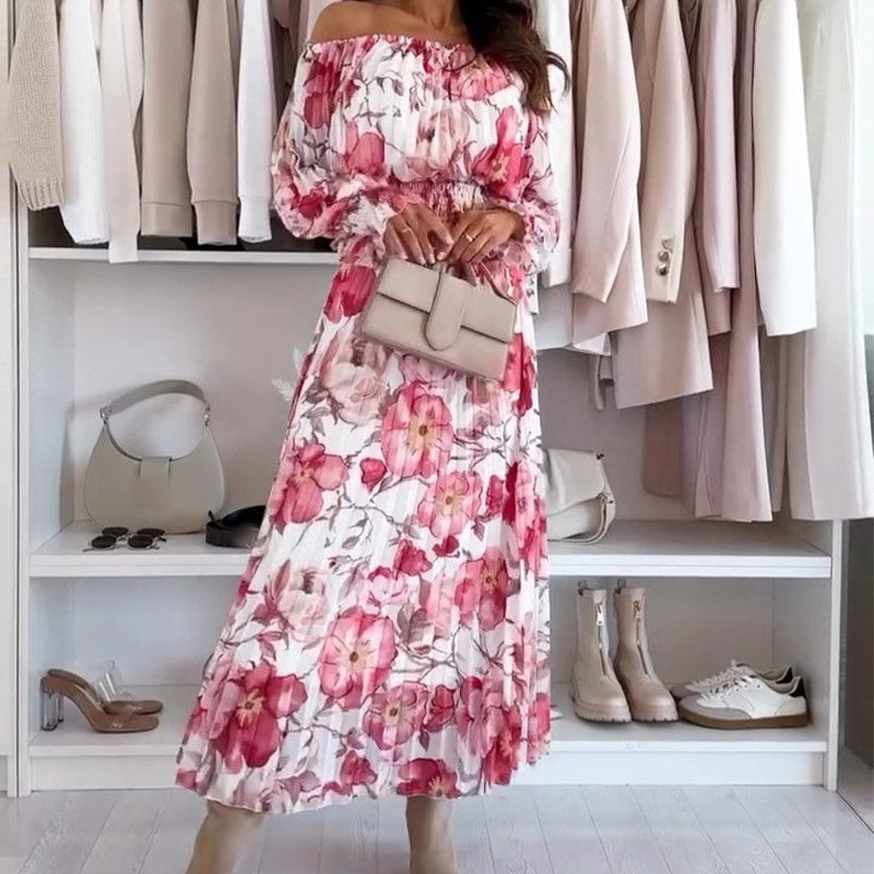 Robe mi-longue fleurie rose et blanc, épaules dénudées, manches bouffantes