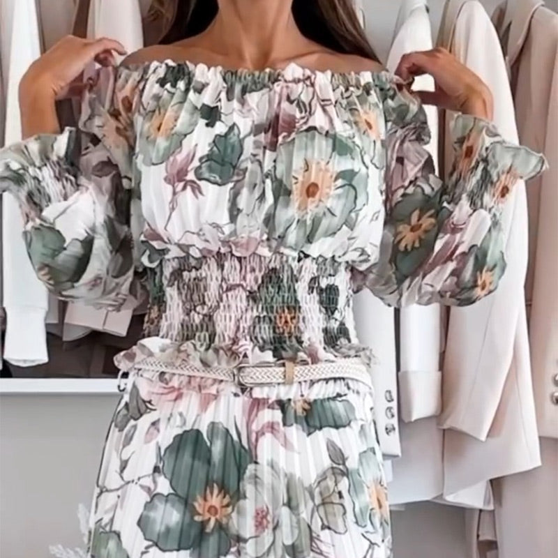 Ensemble blouse épaules nues et jupe mi-longue fleurie vert pâle, manches bouffantes