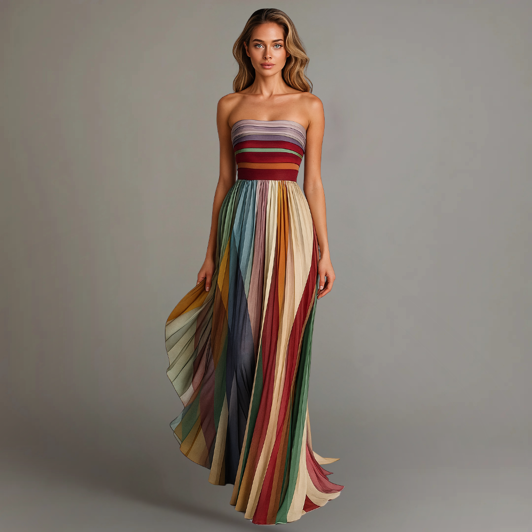 Robe maxi à bustier bandeau, rayures multicolores, jupe longue en tissu léger
