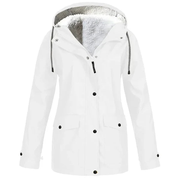 Parka à capuche fourrée blanche, fermeture boutonnée, poches plaquées et cordons
