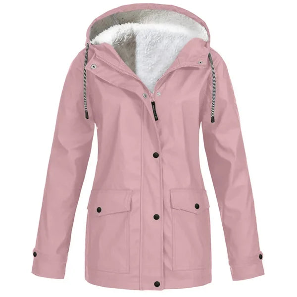 Parka à capuche fourrée rose, fermeture boutonnée, poches plaquées et cordons