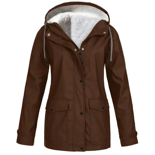 Parka à capuche fourrée marron, fermeture boutonnée, poches plaquées et cordons