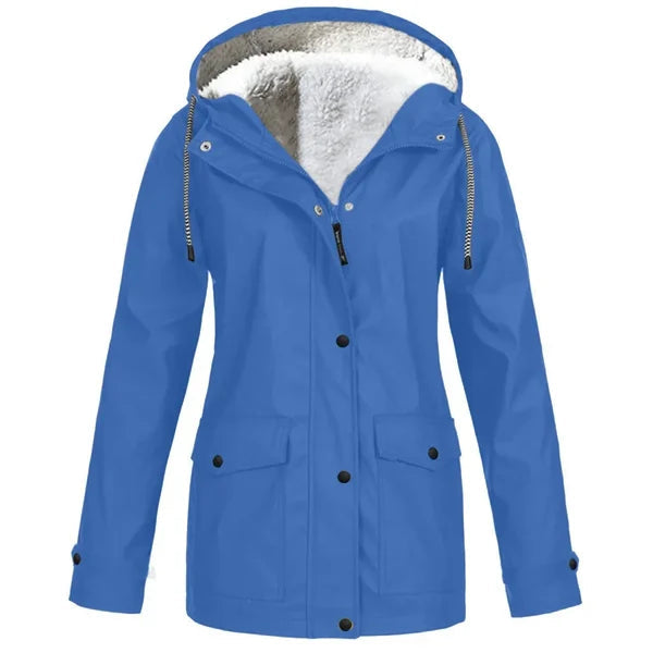 Parka à capuche fourrée bleue, fermeture boutonnée, poches plaquées et cordons